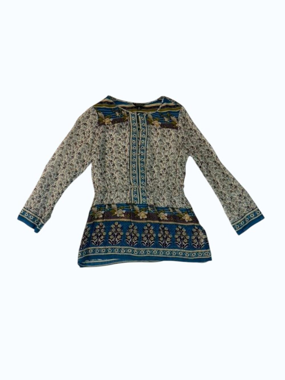 Lucky Brand Women’s Boho Floral Peasant Blouse Size M Rayon Blue Long Sleeve.